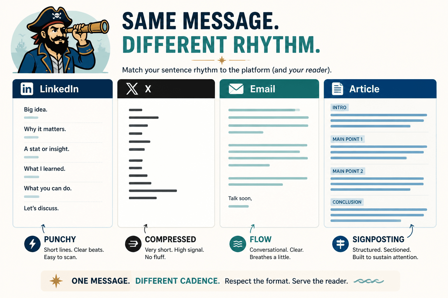 Side-by-side sentence rhythm examples for LinkedIn, X, email, and article formats
