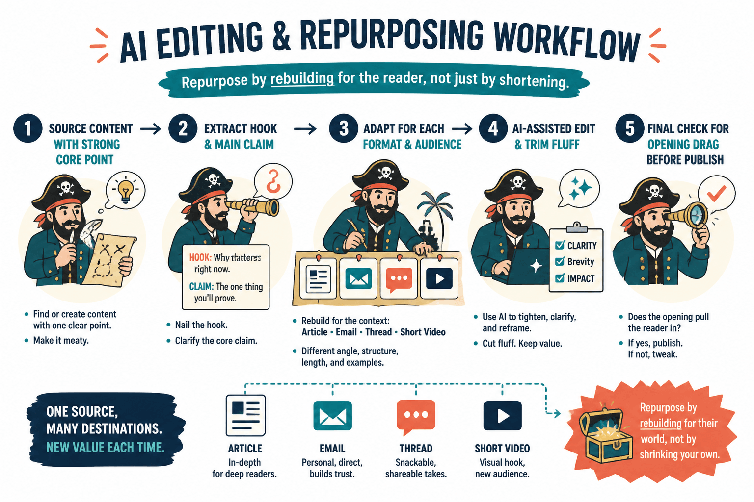 Five-step AI editing and repurposing workflow from source to format-specific outputs