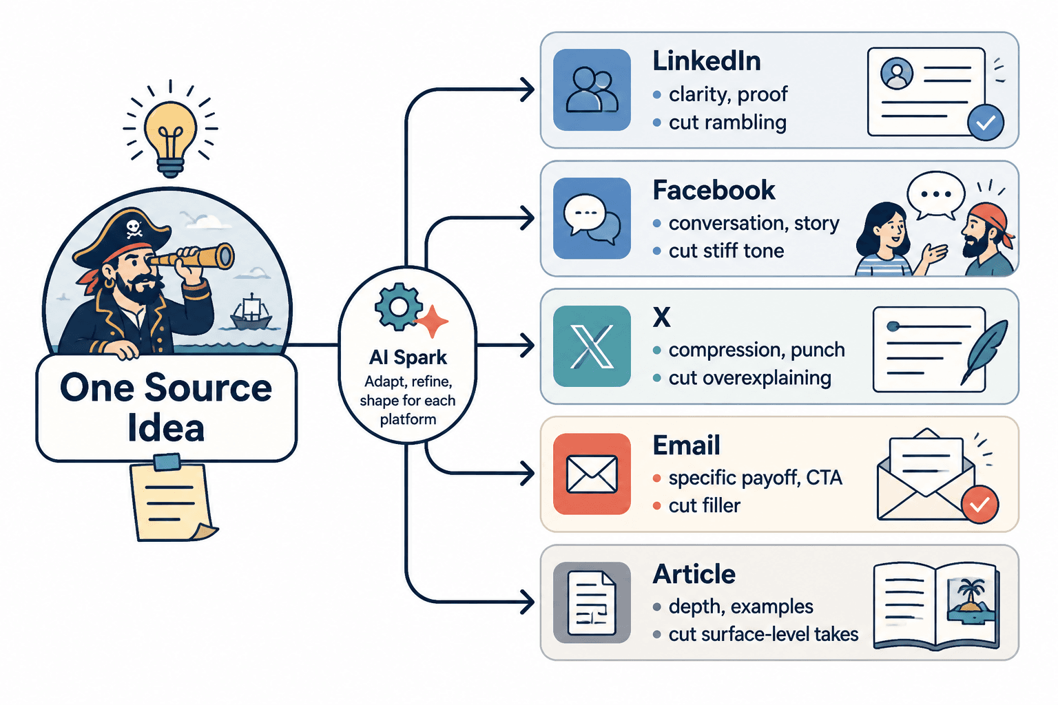 Workflow map showing one source idea turned into LinkedIn, Facebook, X, email, and article versions