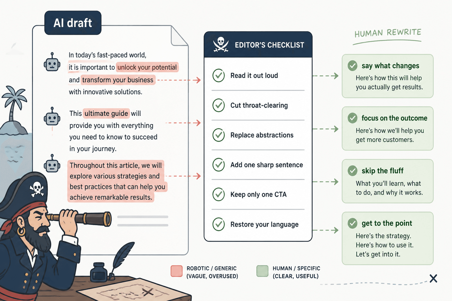 AI draft with robotic phrases highlighted and human rewrite checklist notes