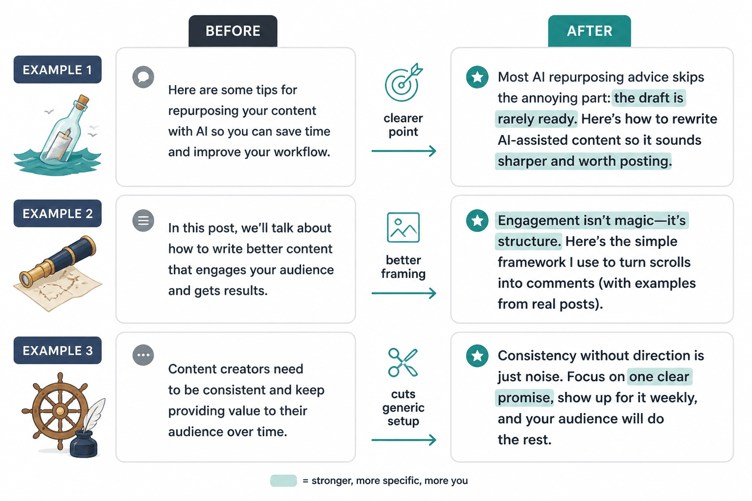 Side-by-side examples of generic AI copy rewritten into sharper creator-style lines