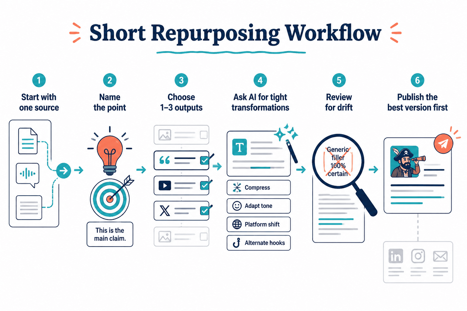 Six-step short content repurposing workflow from source to publish