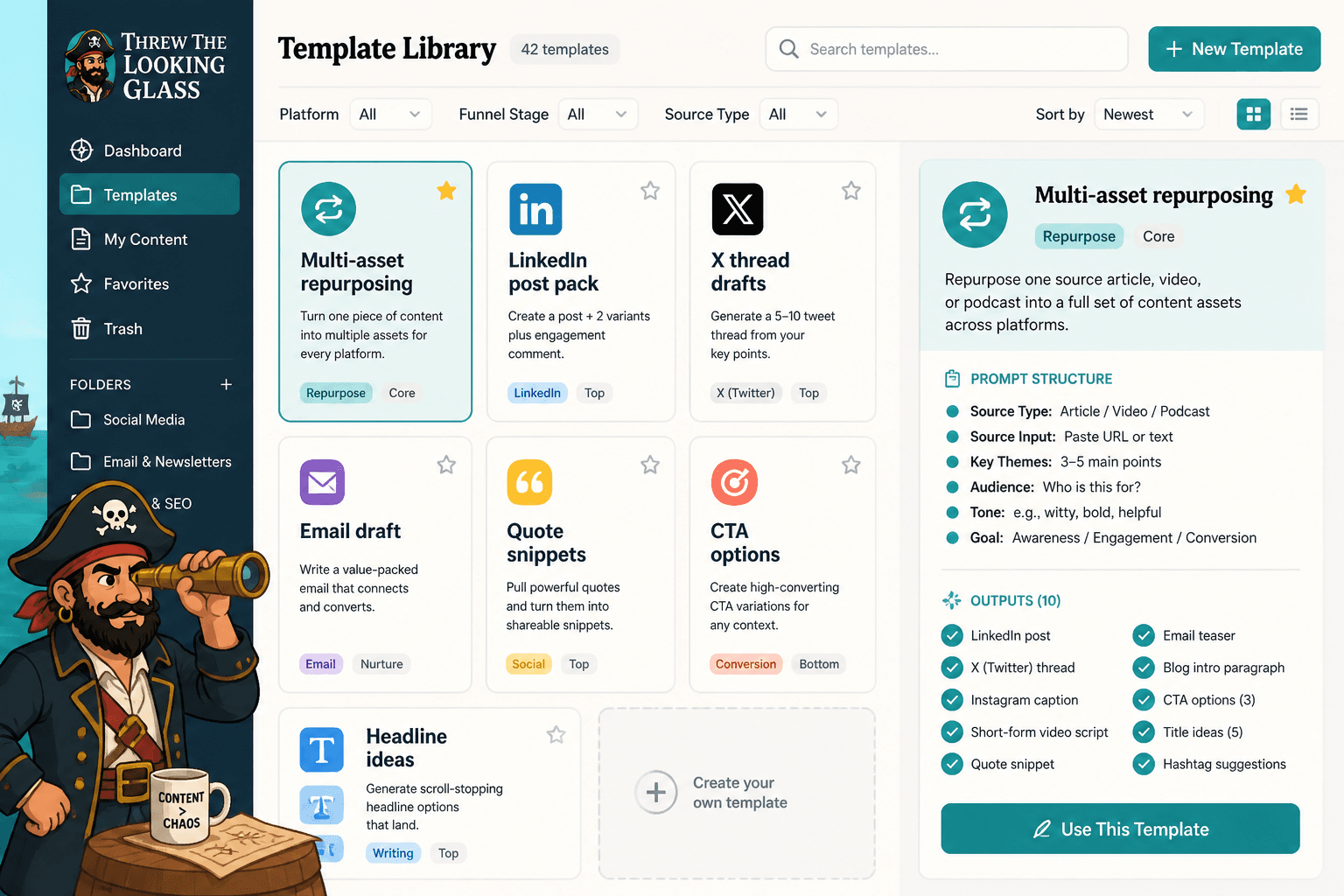 Mock template library showing prompts organized by content use case