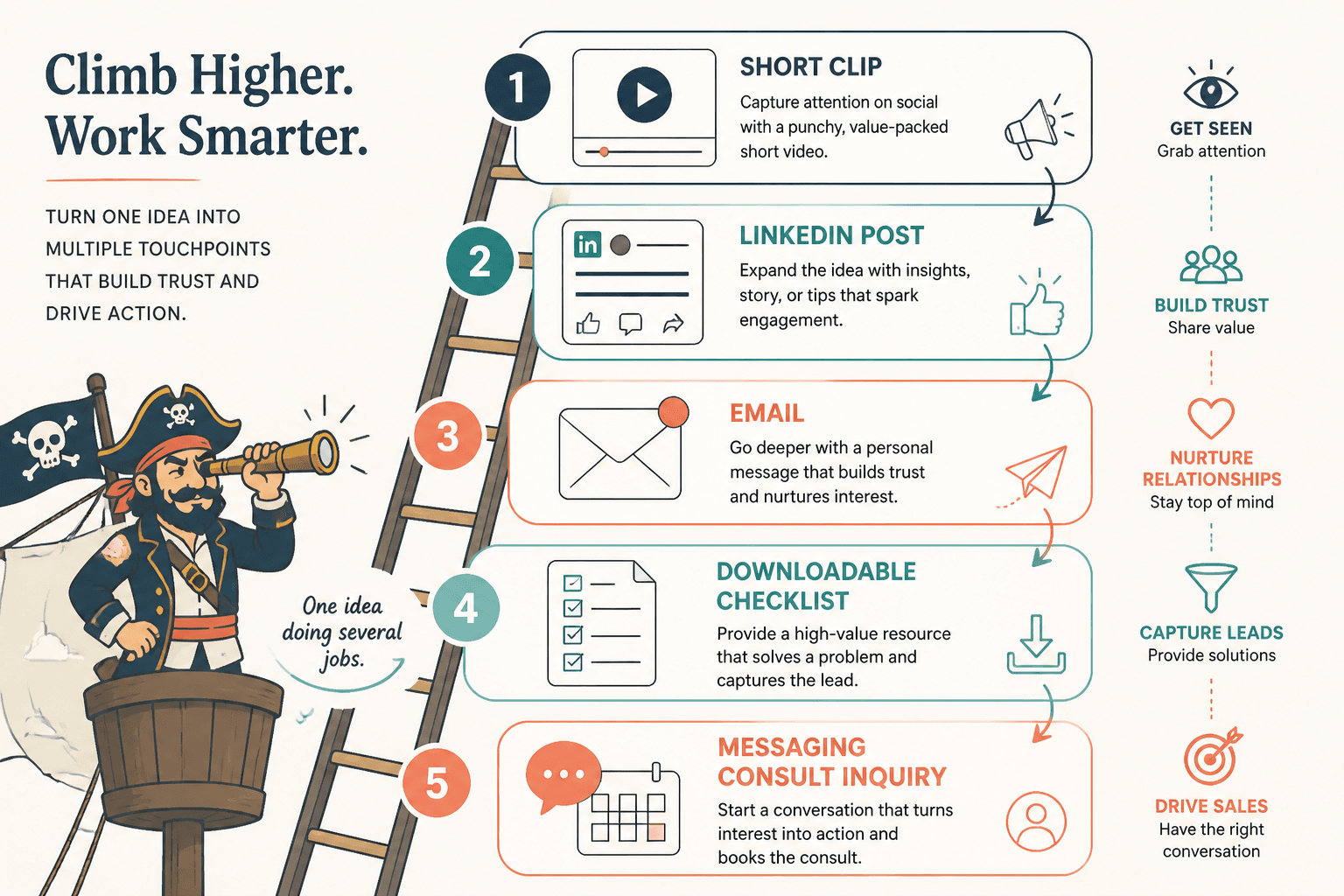 Repurposing ladder from short clip to post, email, checklist, and consult inquiry