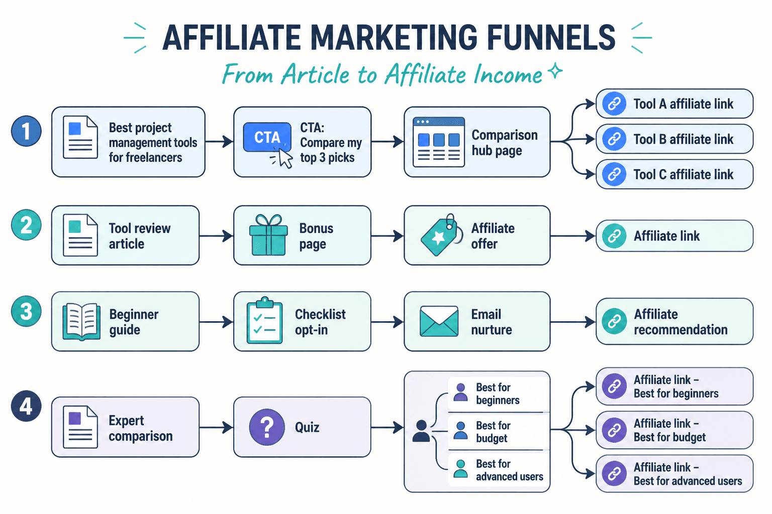 Flowchart of affiliate article paths to different funnels