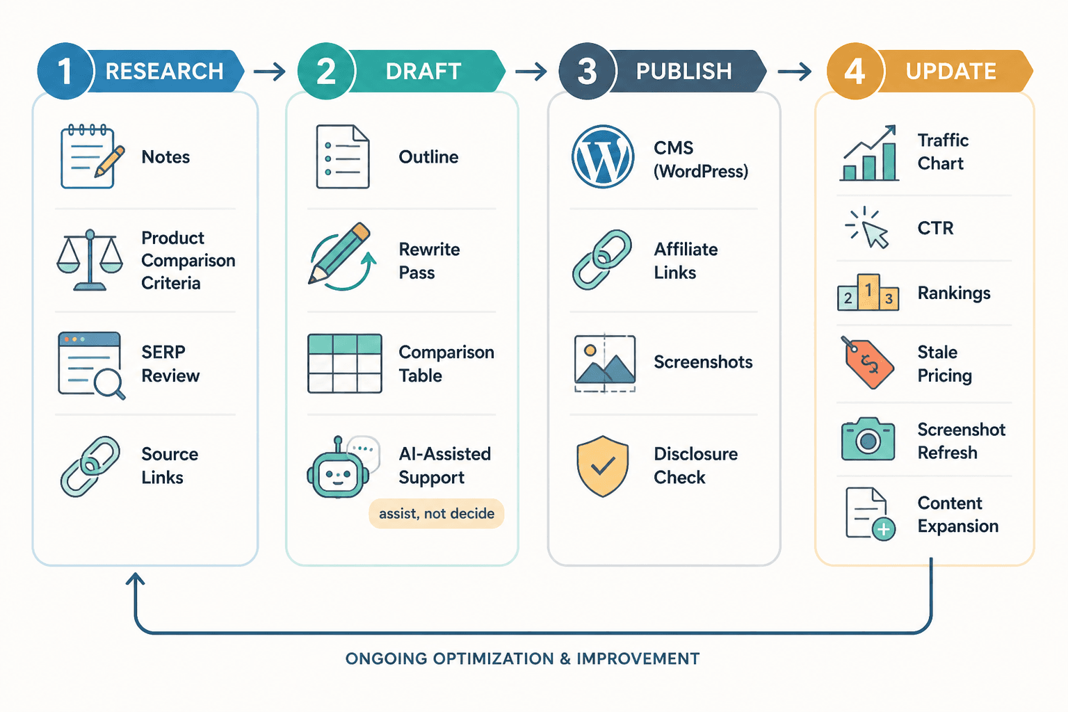 Affiliate article workflow from research to draft to publish to update