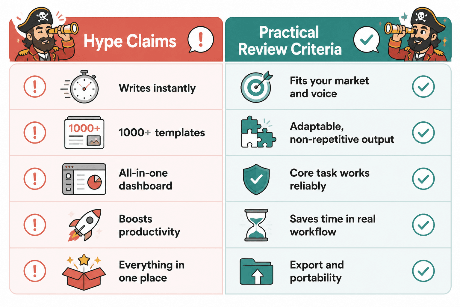 Comparison of hype claims versus practical criteria for reviewing creator tools.