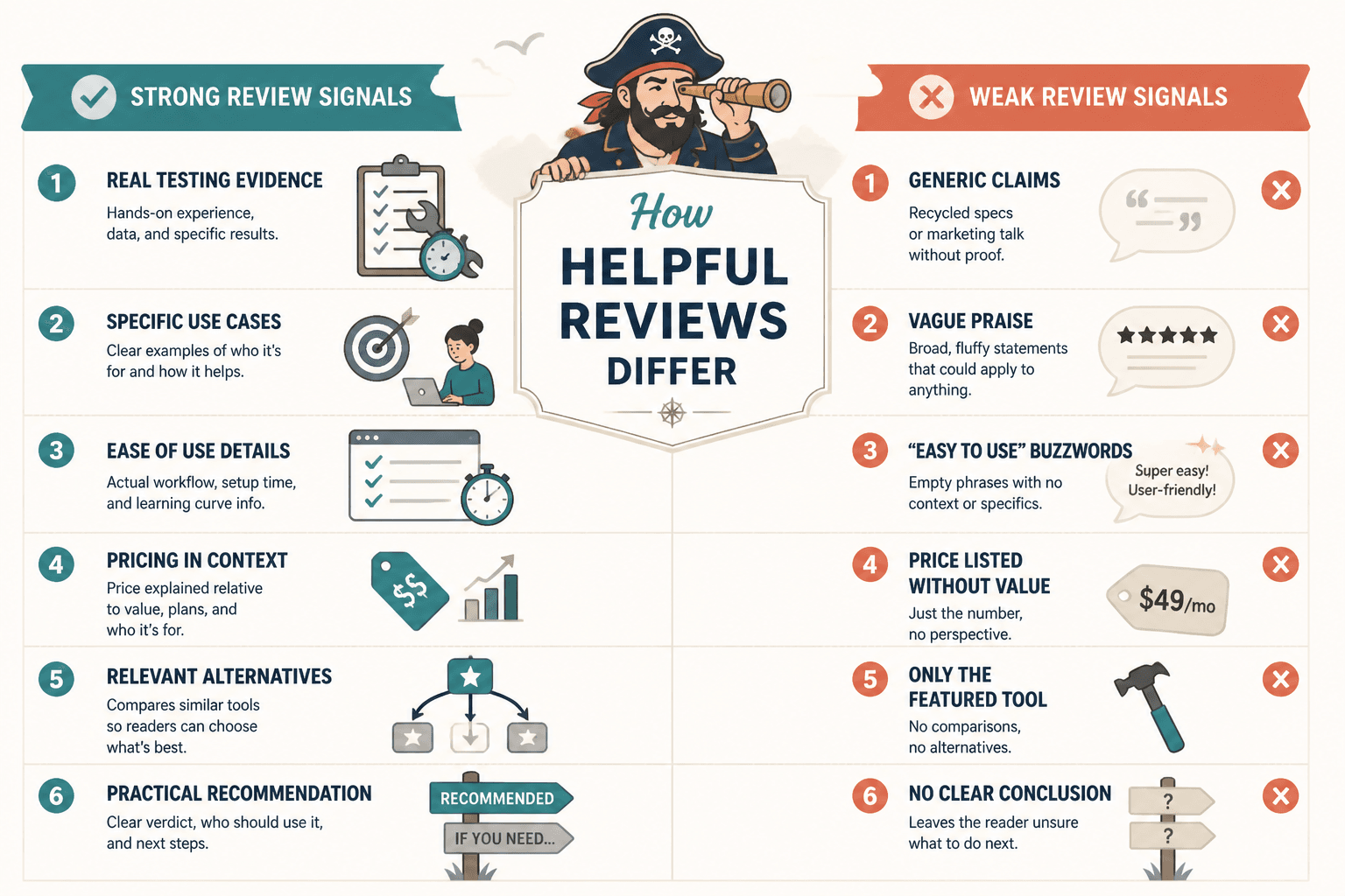 Comparison chart of strong versus weak tool review elements