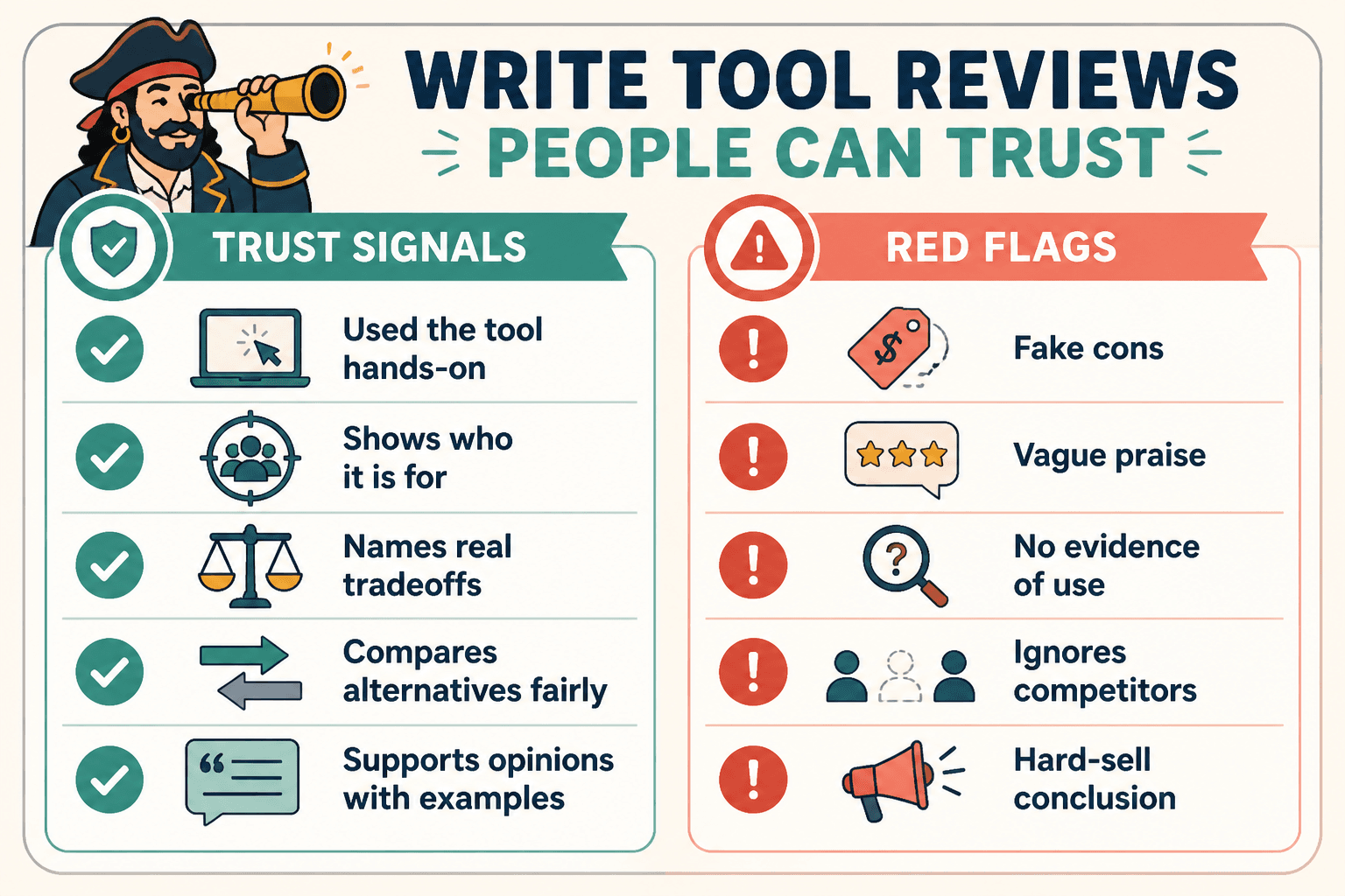 Checklist of review credibility signals and red flags