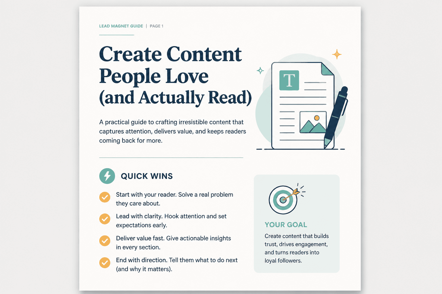 Mock first page of a lead magnet with headline, subhead, and quick-win bullets