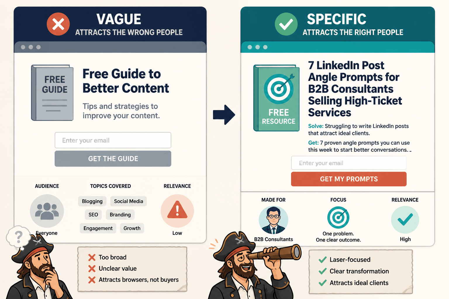 Side-by-side comparison of a vague freebie offer and a specific lead magnet offer