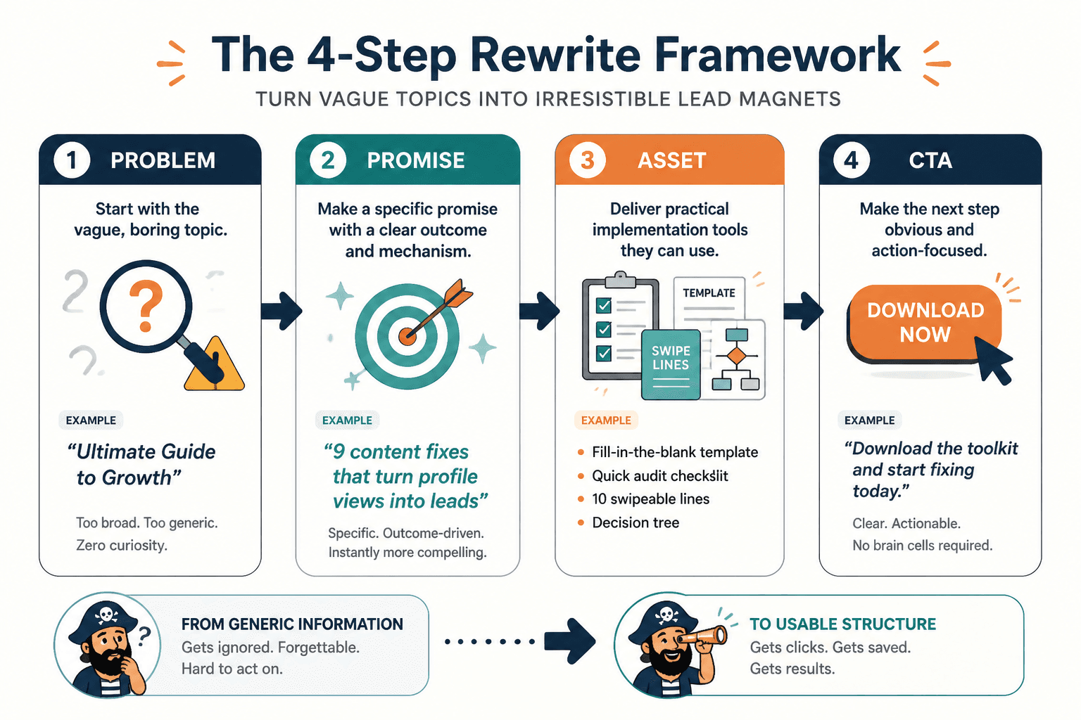 Flow from problem to promise to asset to CTA rewrite
