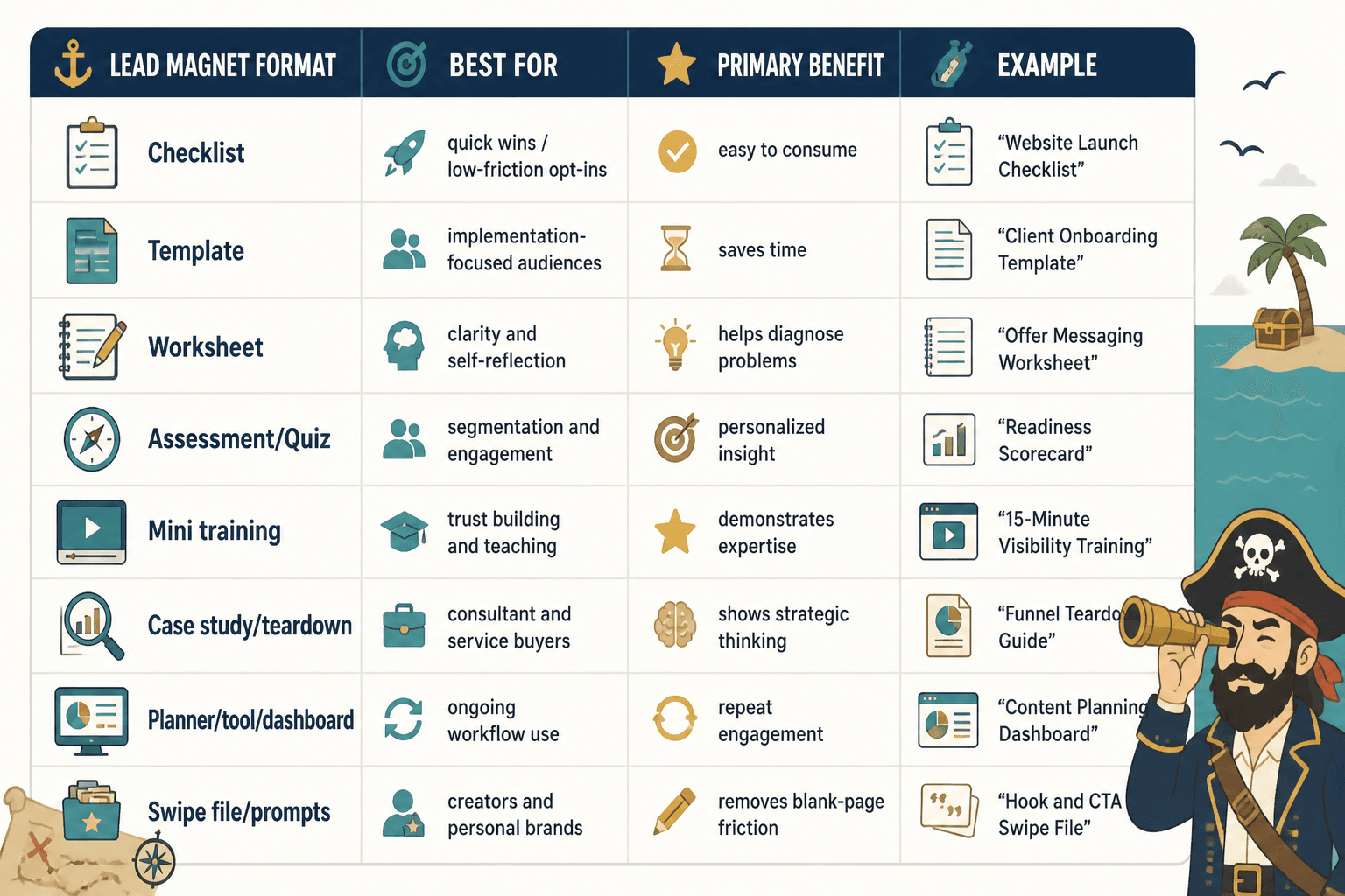 Comparison chart of lead magnet formats and when to use each