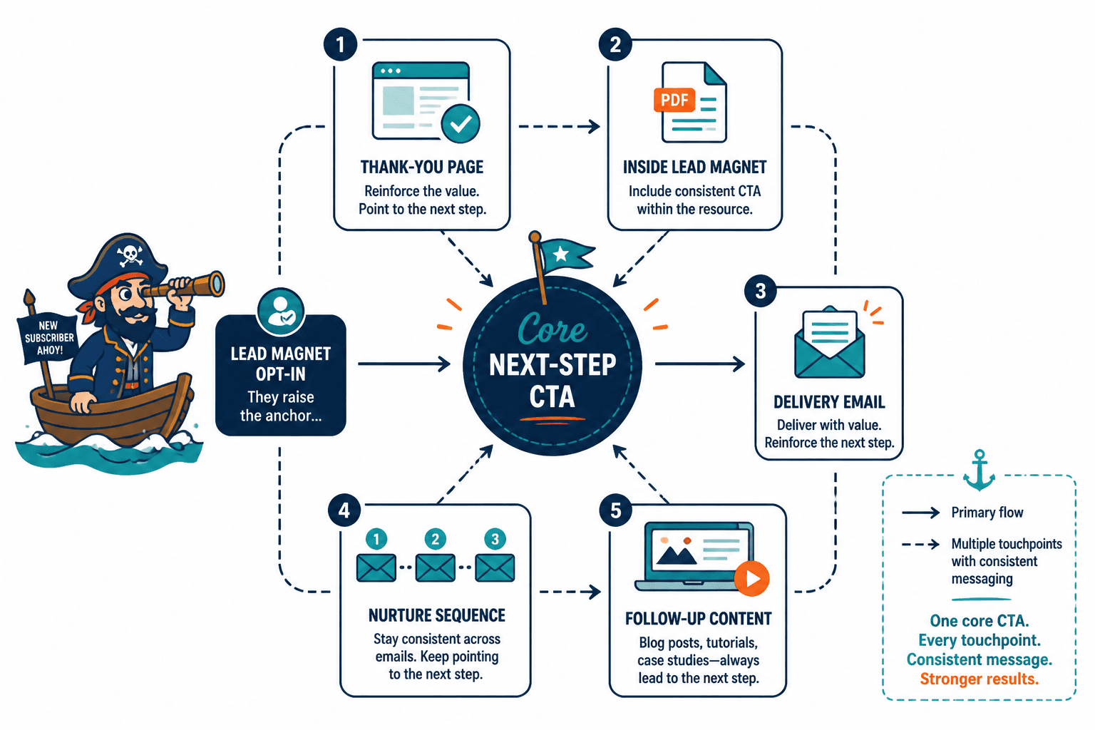 Diagram of five places to present the next-step CTA after a lead magnet opt-in