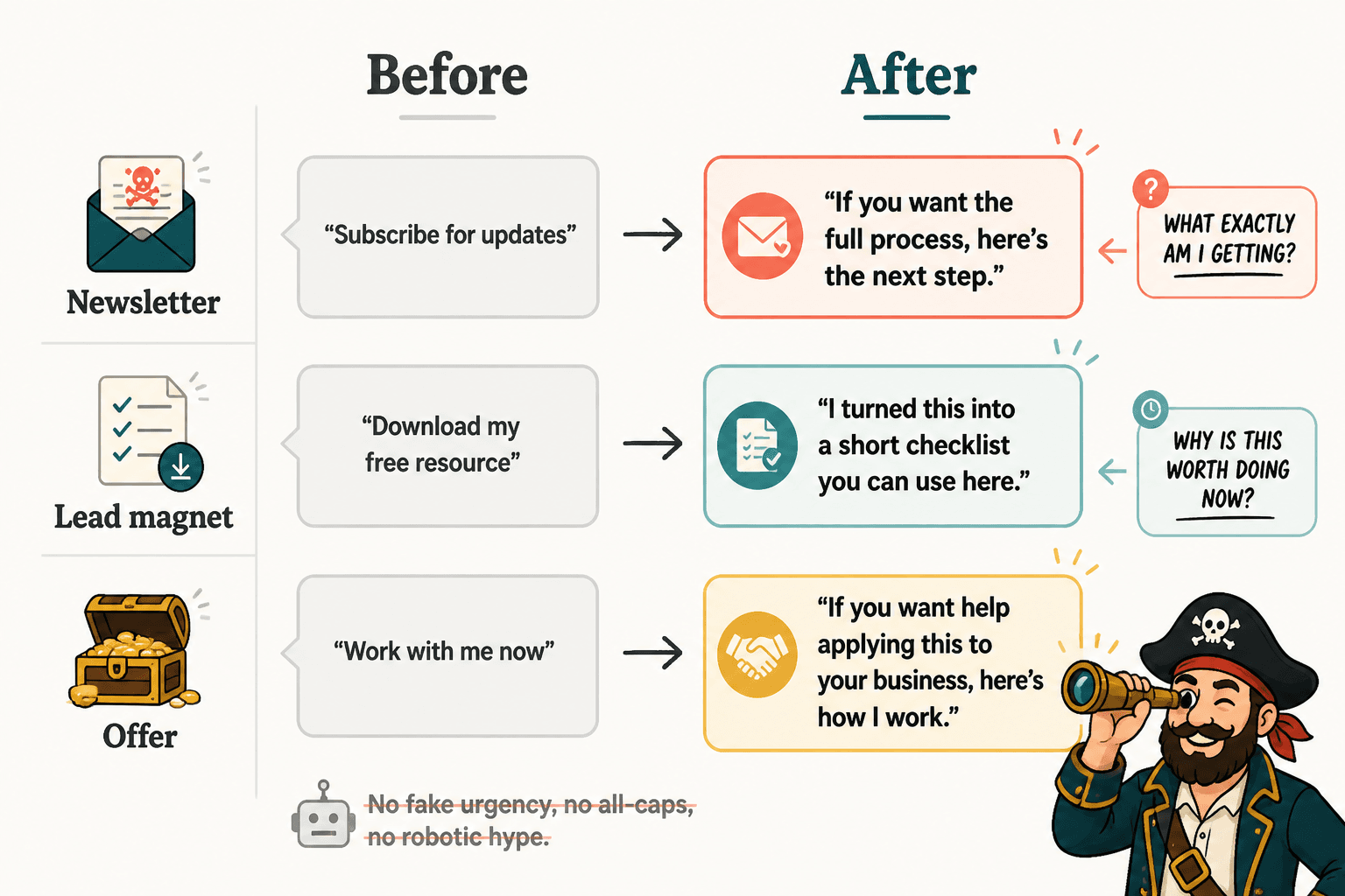 Before-and-after examples of weak and strong creator funnel CTAs