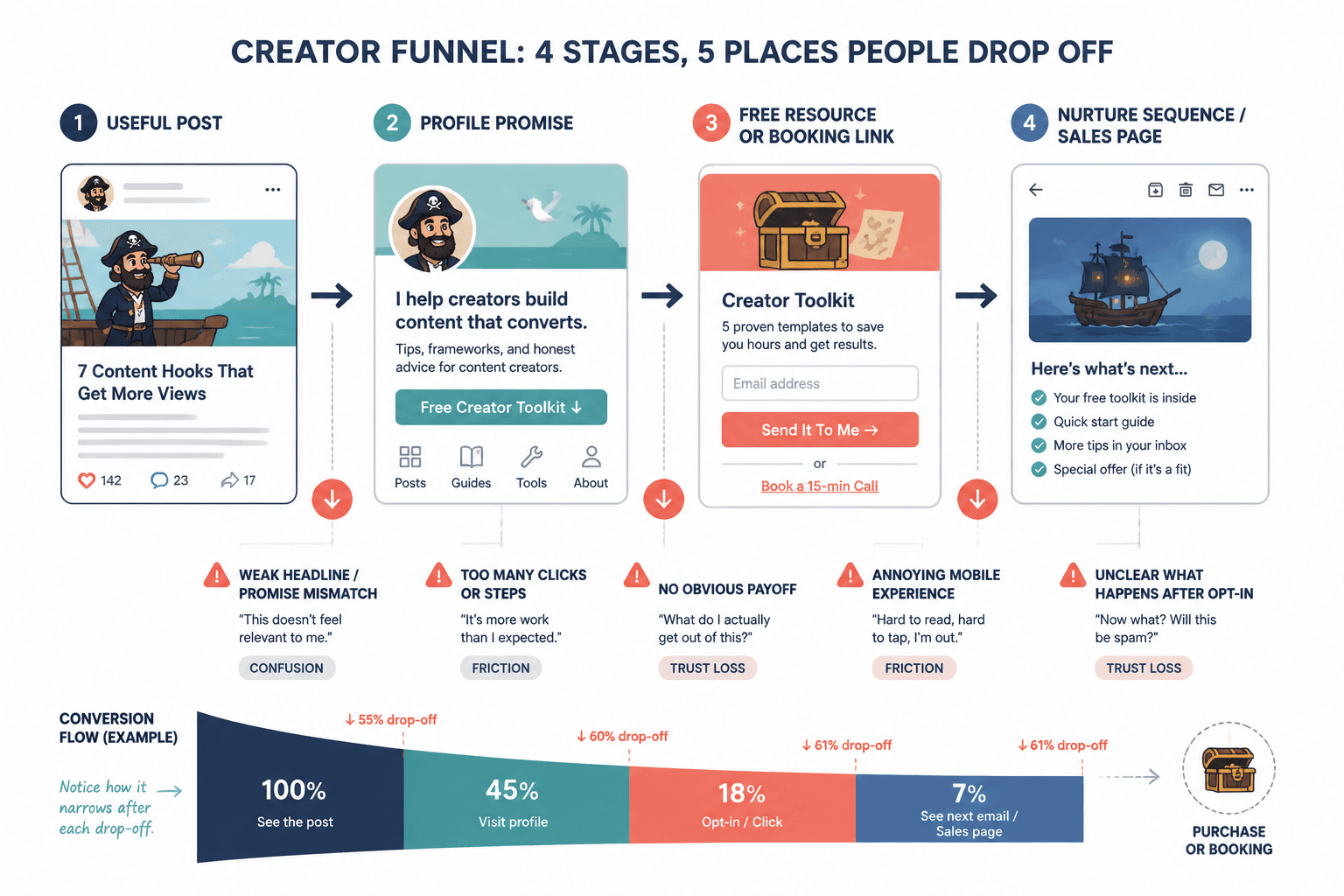 Annotated creator funnel mockup showing common drop-off points from post to opt-in to nurture to sales page.