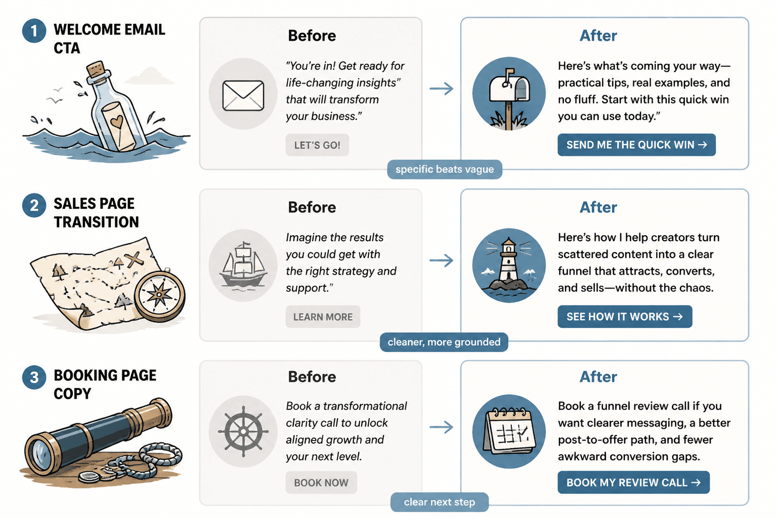 Before-and-after cards showing vague funnel copy rewritten into specific, grounded copy.