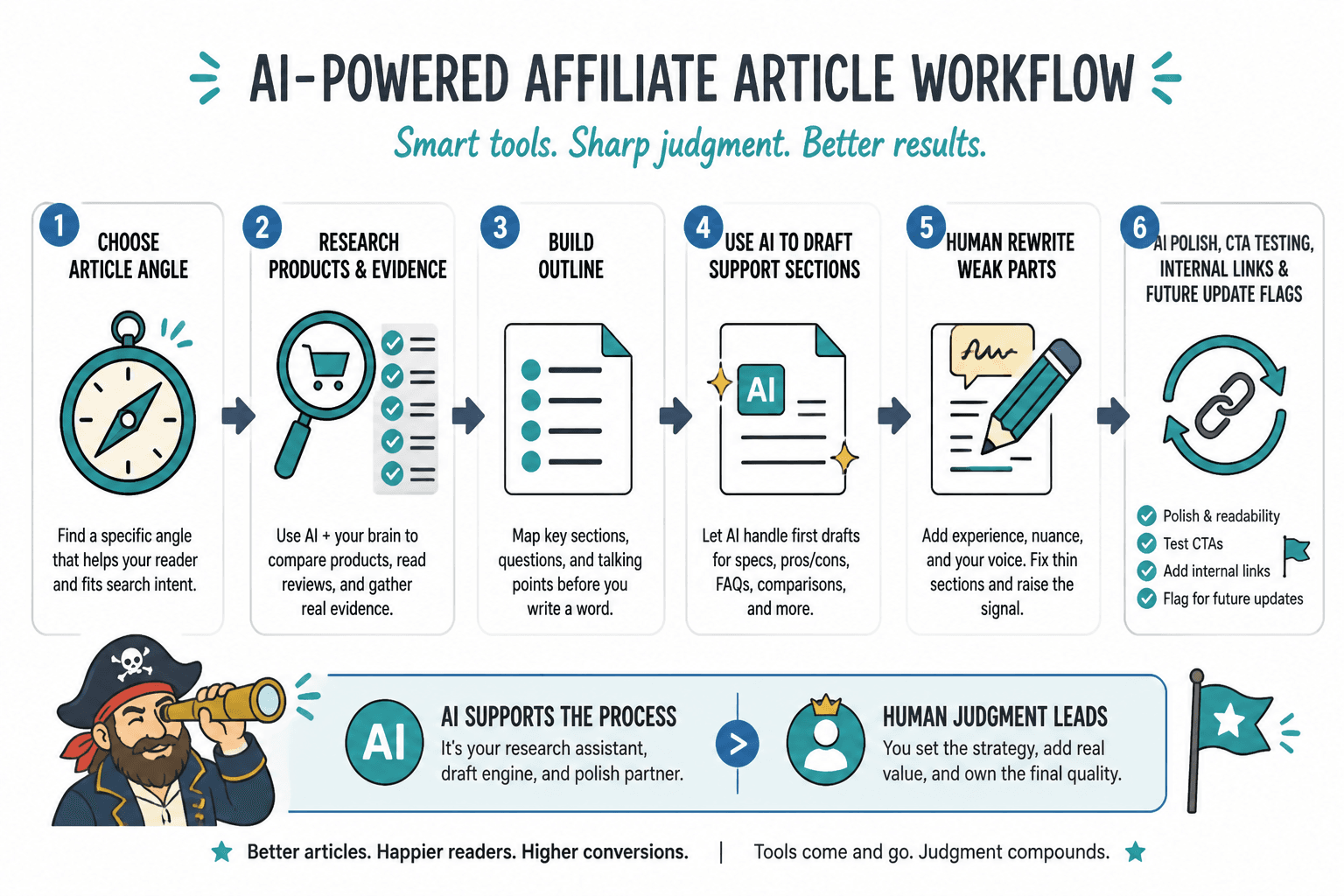 Flowchart from article angle to AI-assisted draft, human rewrite, and ongoing updates