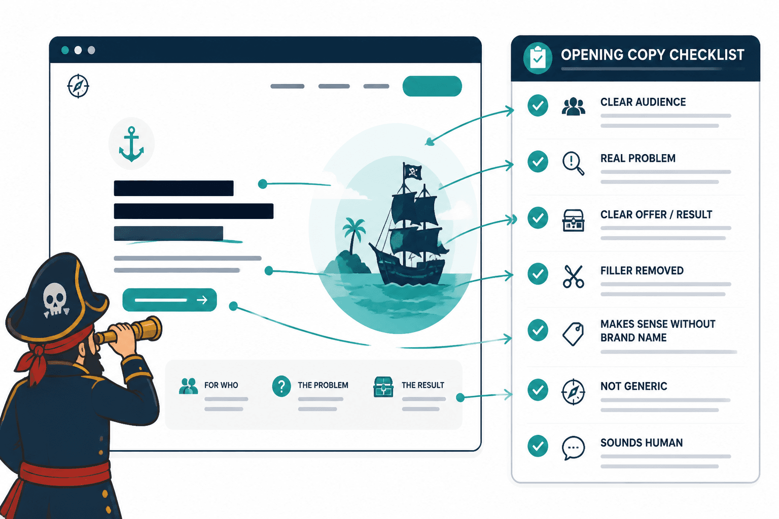 Annotated website hero mockup with opening-copy checklist
