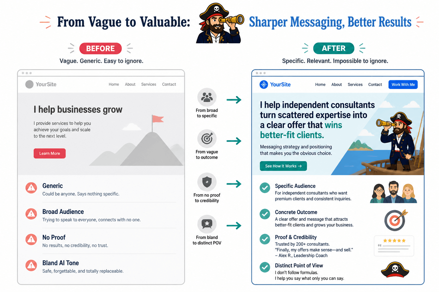 Side-by-side before and after offer messaging example