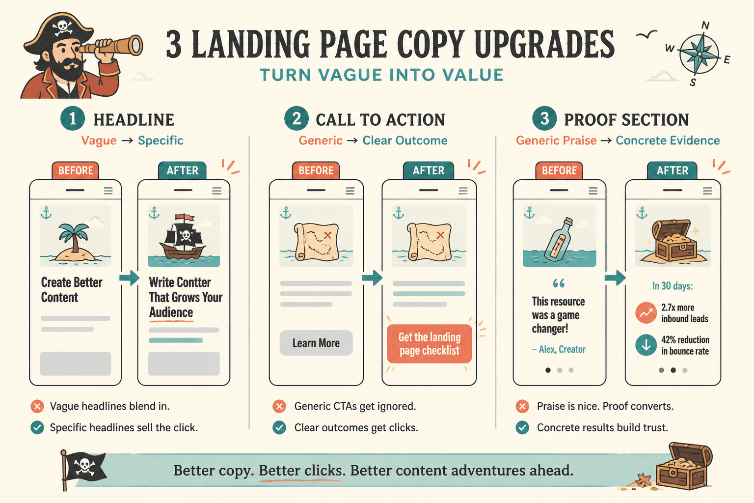 Before-and-after landing page copy examples showing clearer headlines and proof