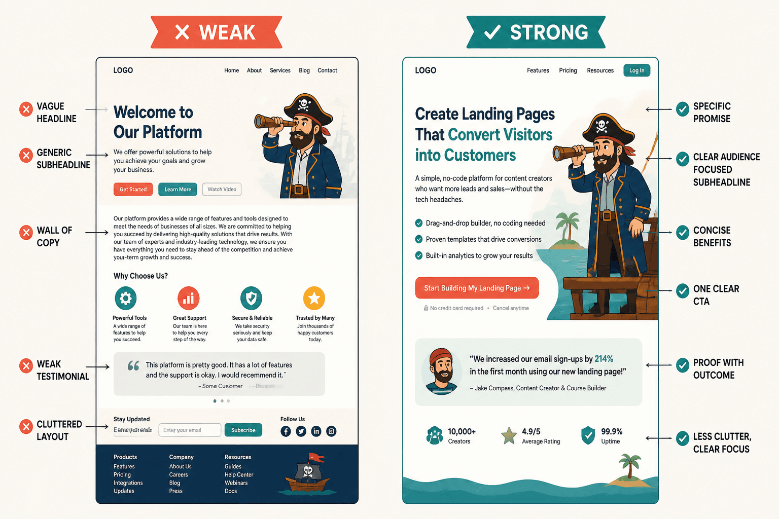 Side-by-side weak and strong landing page section examples