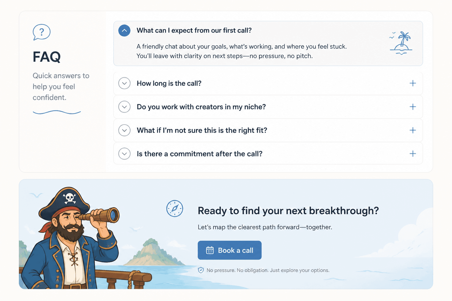 Mock landing page with a compact FAQ above a clear call-to-action area.