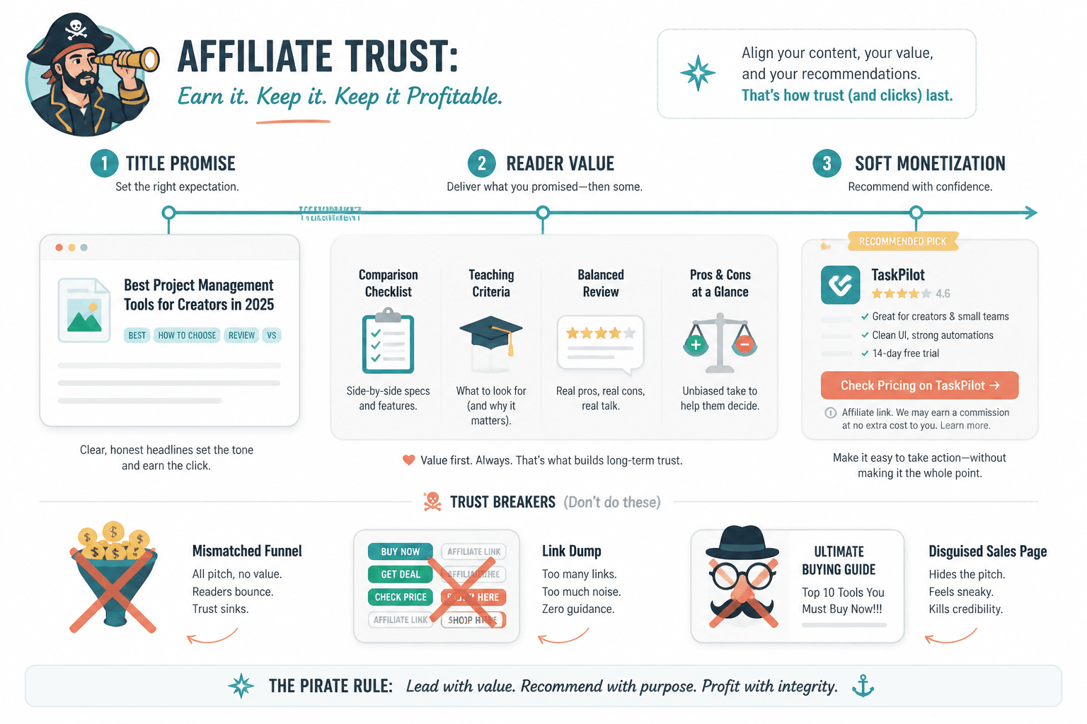 Flow from title promise to article value to gentle affiliate recommendation