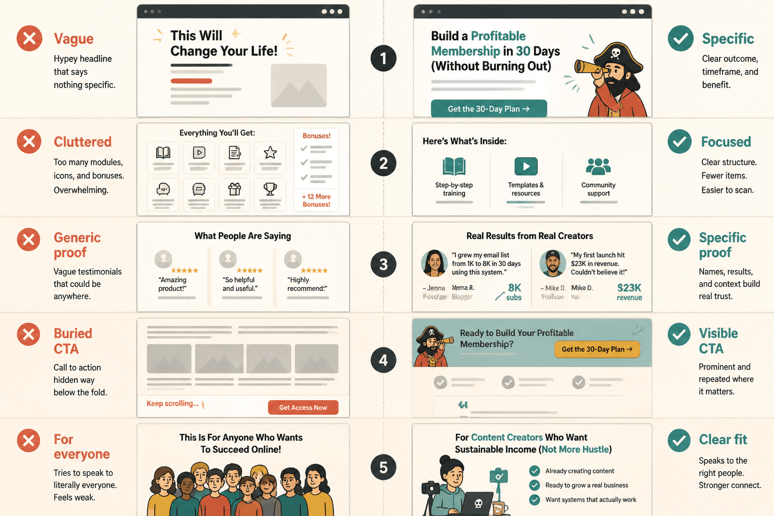Side-by-side sales page mistakes versus stronger fixes for creators