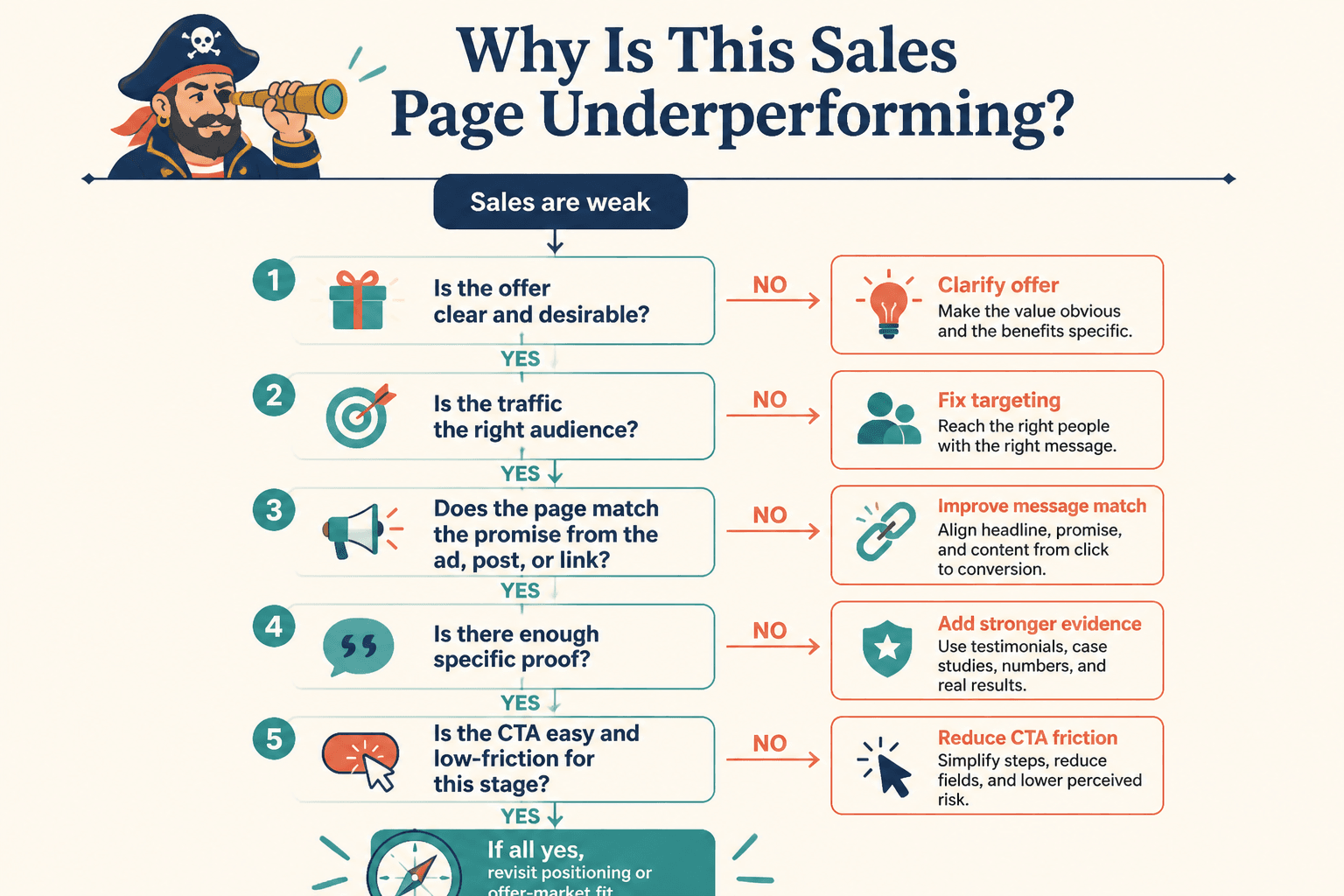 Flowchart for diagnosing why a sales page is underperforming