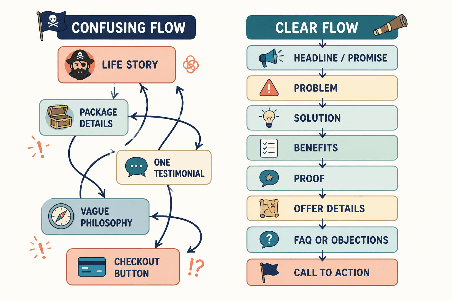 Simple sales page section order from problem to call to action