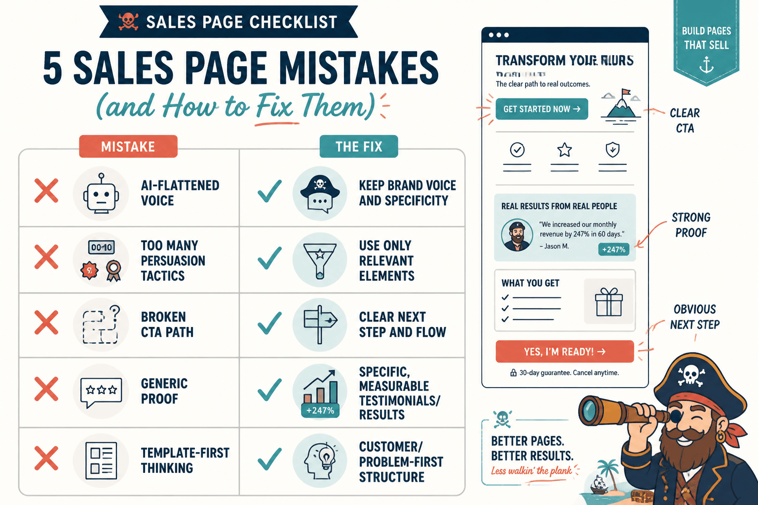 Checklist of common sales page template mistakes and fixes