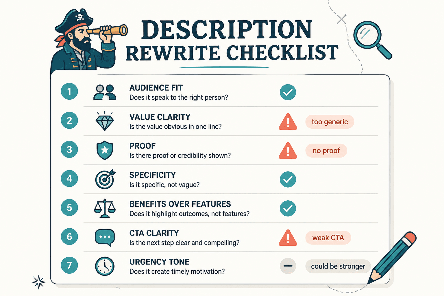 Checklist for auditing weak product or service descriptions