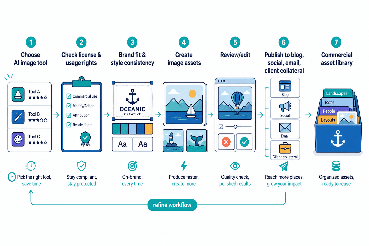 Workflow map from AI image tool choice to approved commercial assets