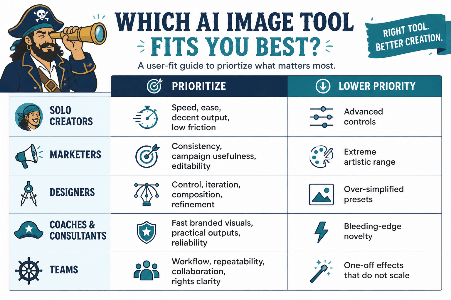 Matrix matching user types to the evaluation criteria they should prioritize in AI image tools.