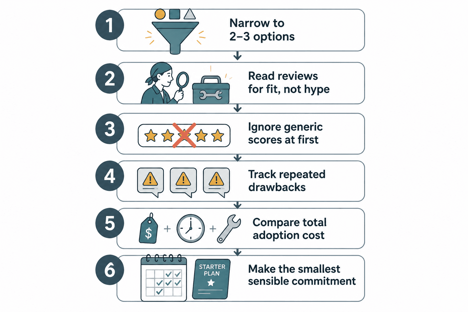 Six-step checklist for evaluating tool reviews before buying
