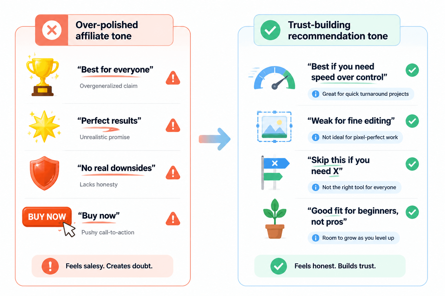 Side-by-side example of hype-heavy vs trust-building affiliate recommendation wording