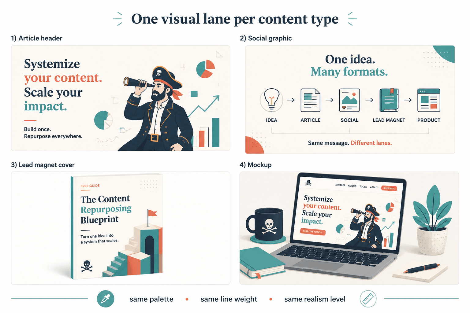 Four matching brand-style asset types: header illustration, social graphic, lead magnet cover, and product mockup