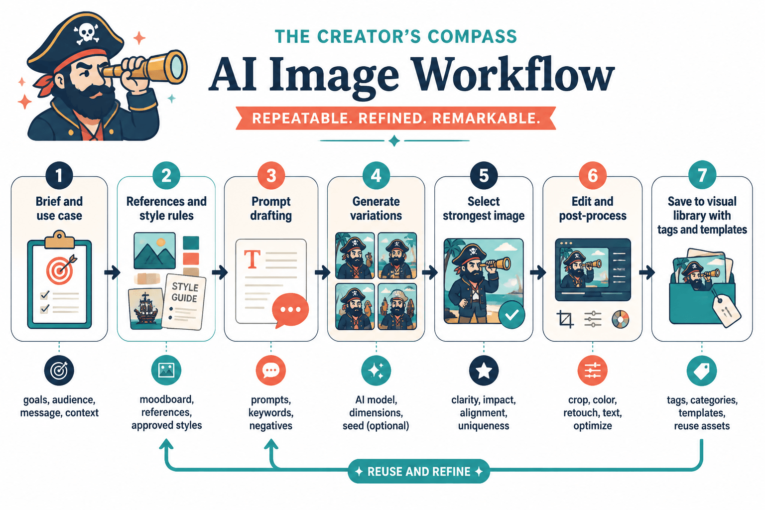 Flowchart of a repeatable AI image workflow for creators