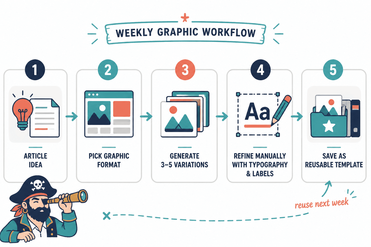 Five-step workflow from article idea to reusable blog graphic template