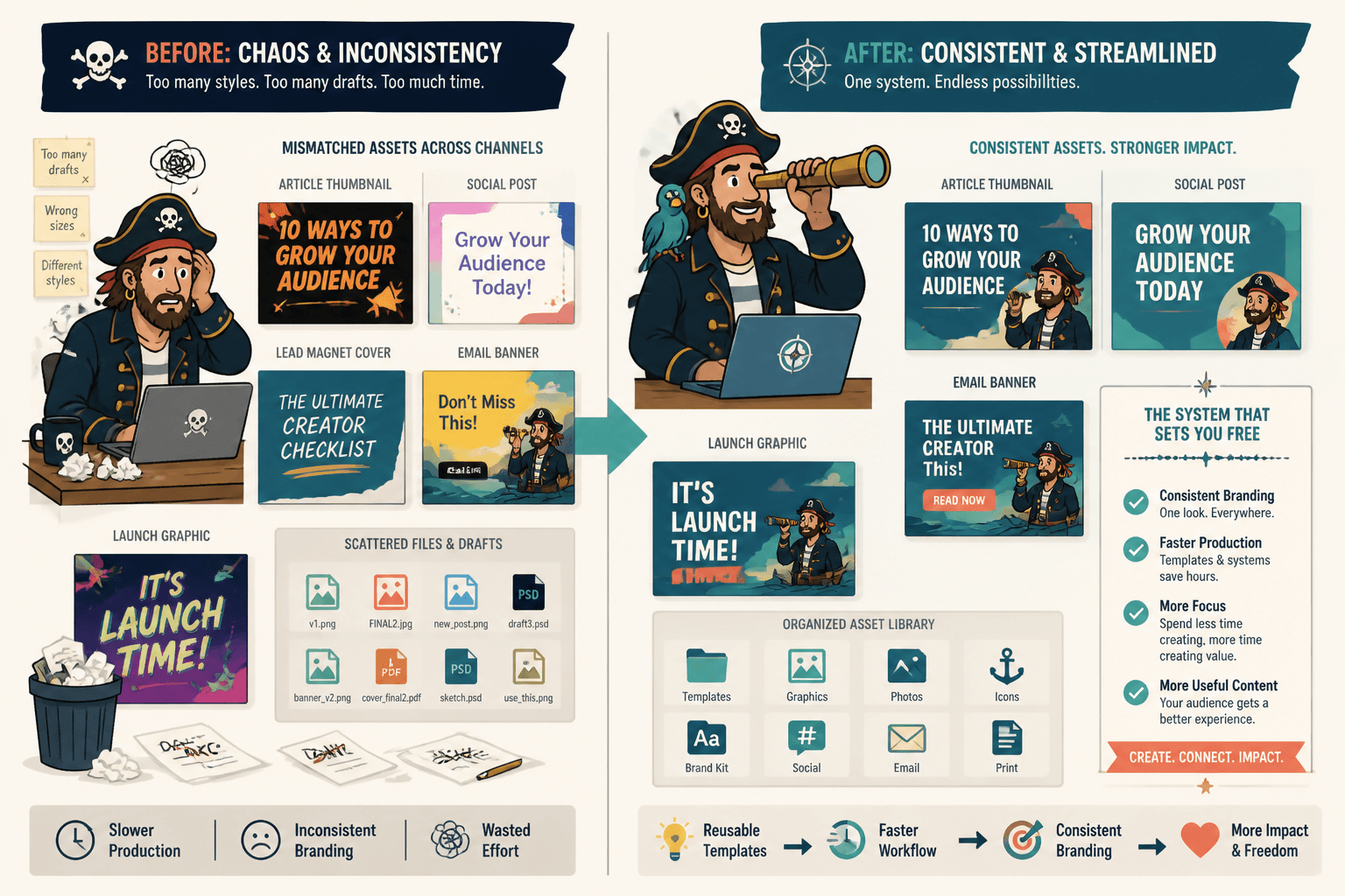 Before-and-after creator workflow showing scattered visuals replaced by a consistent branded asset system