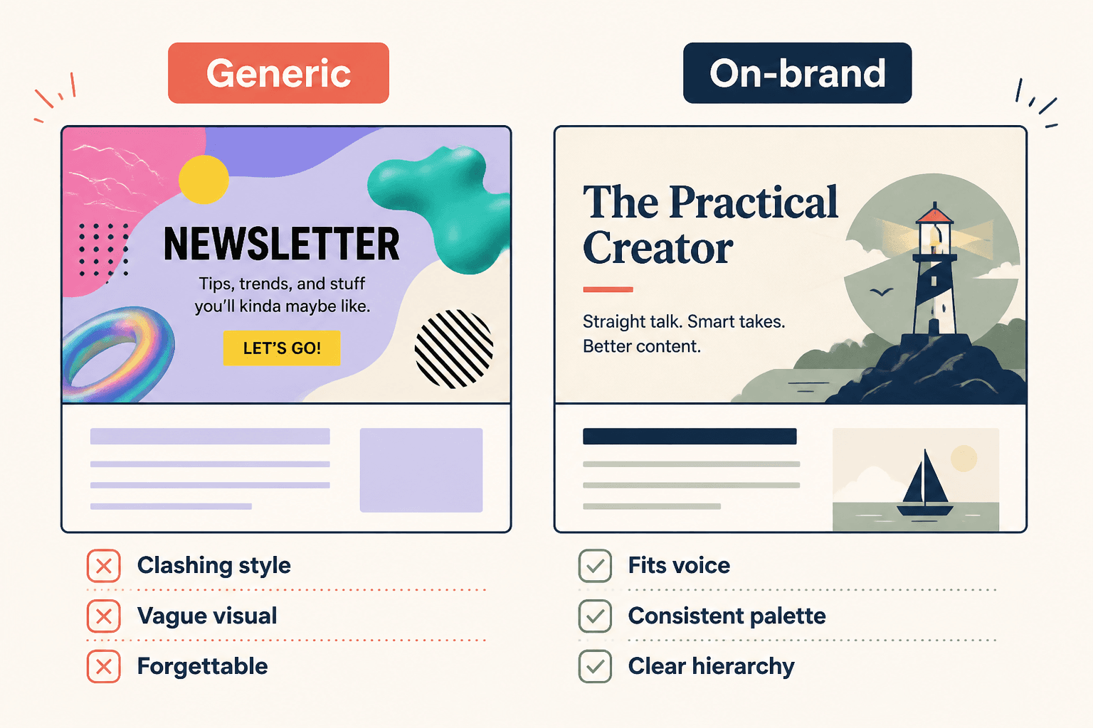 Side-by-side newsletter headers showing a generic mismatched style versus a cohesive brand-aligned style