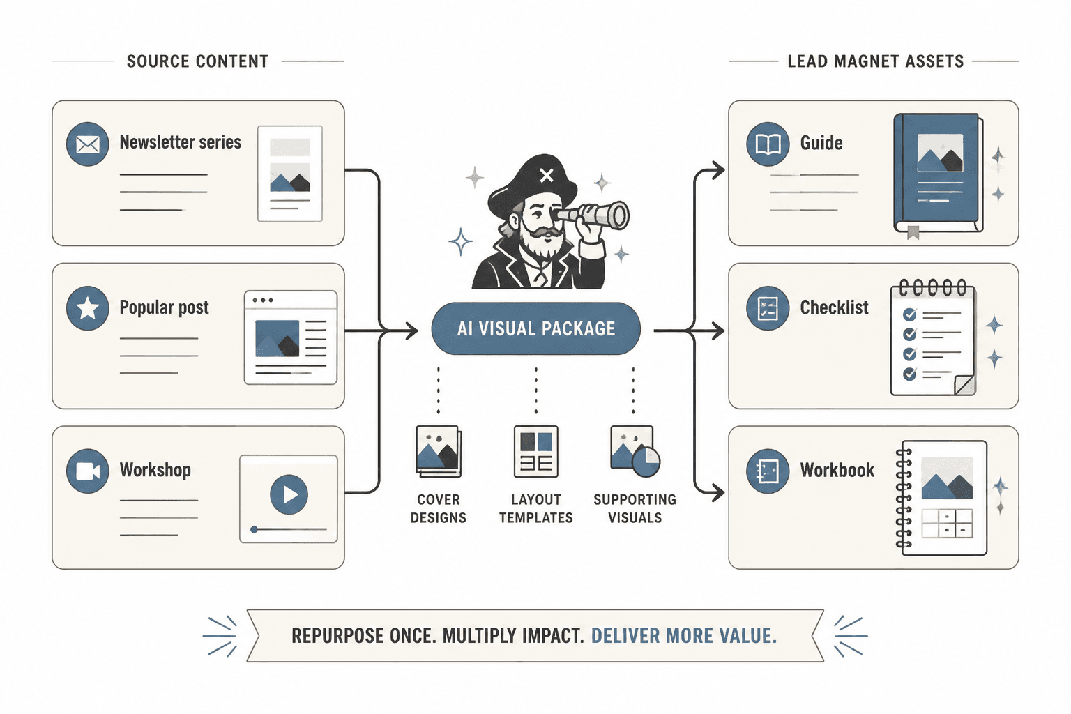 Flow diagram showing content repurposed into lead magnet assets