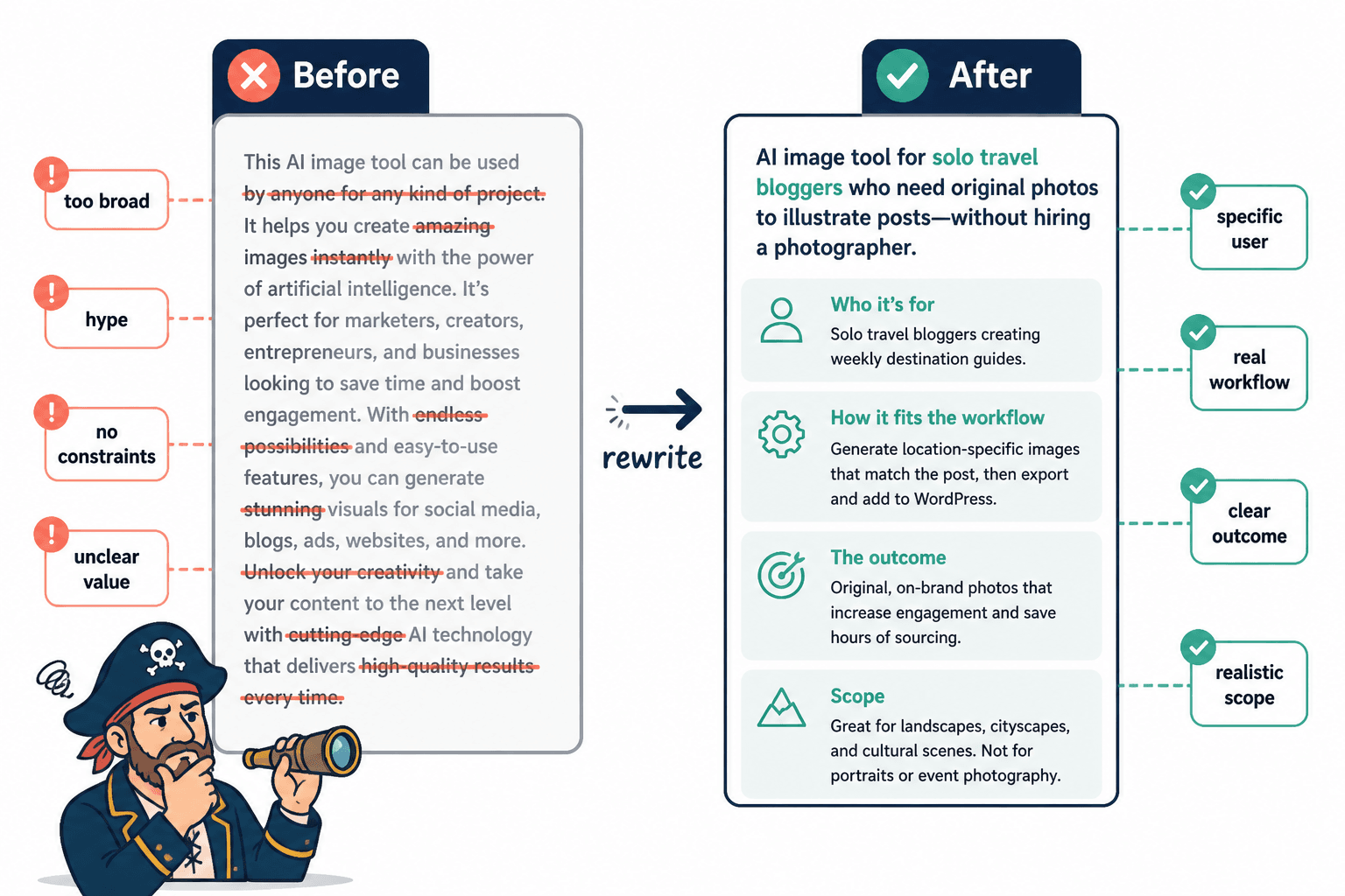 Before-and-after rewrite of an AI image use case paragraph