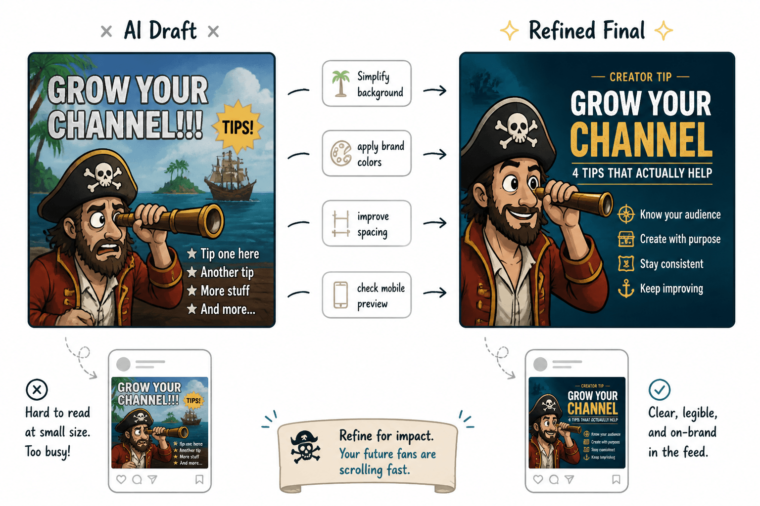 Before-and-after refinement of a creator promo graphic