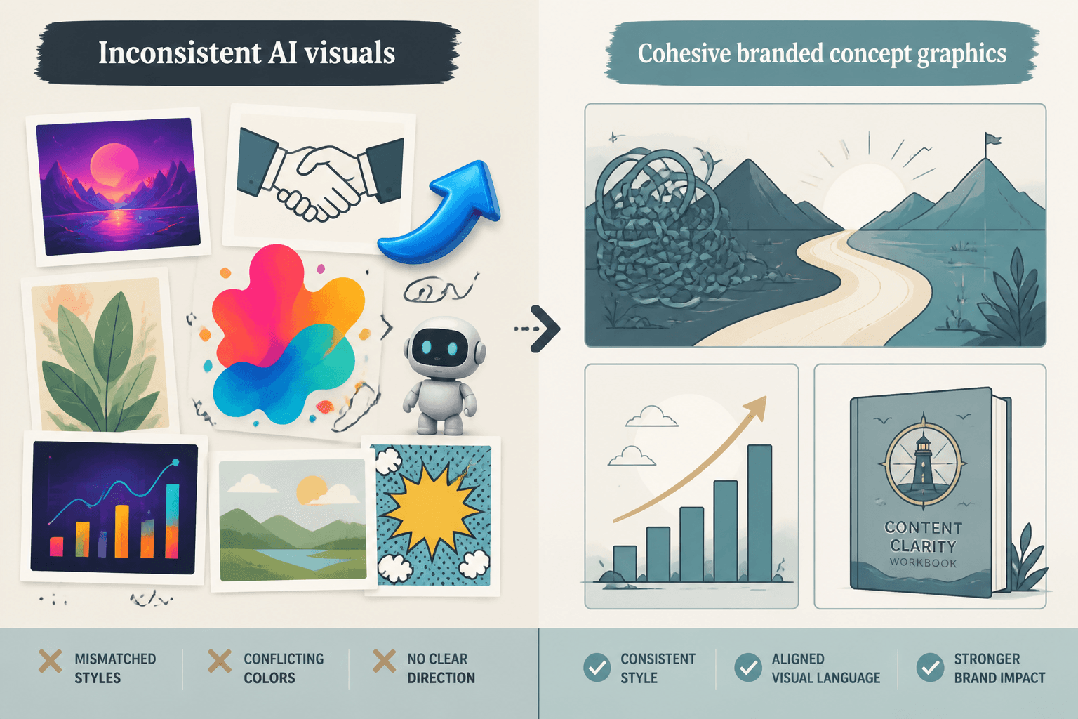 Side-by-side comparison of inconsistent AI visuals and cohesive branded concept graphics