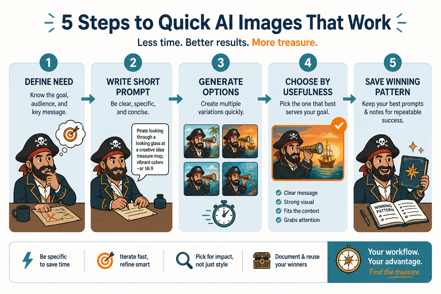 Five-step workflow for quick AI image creation and selection