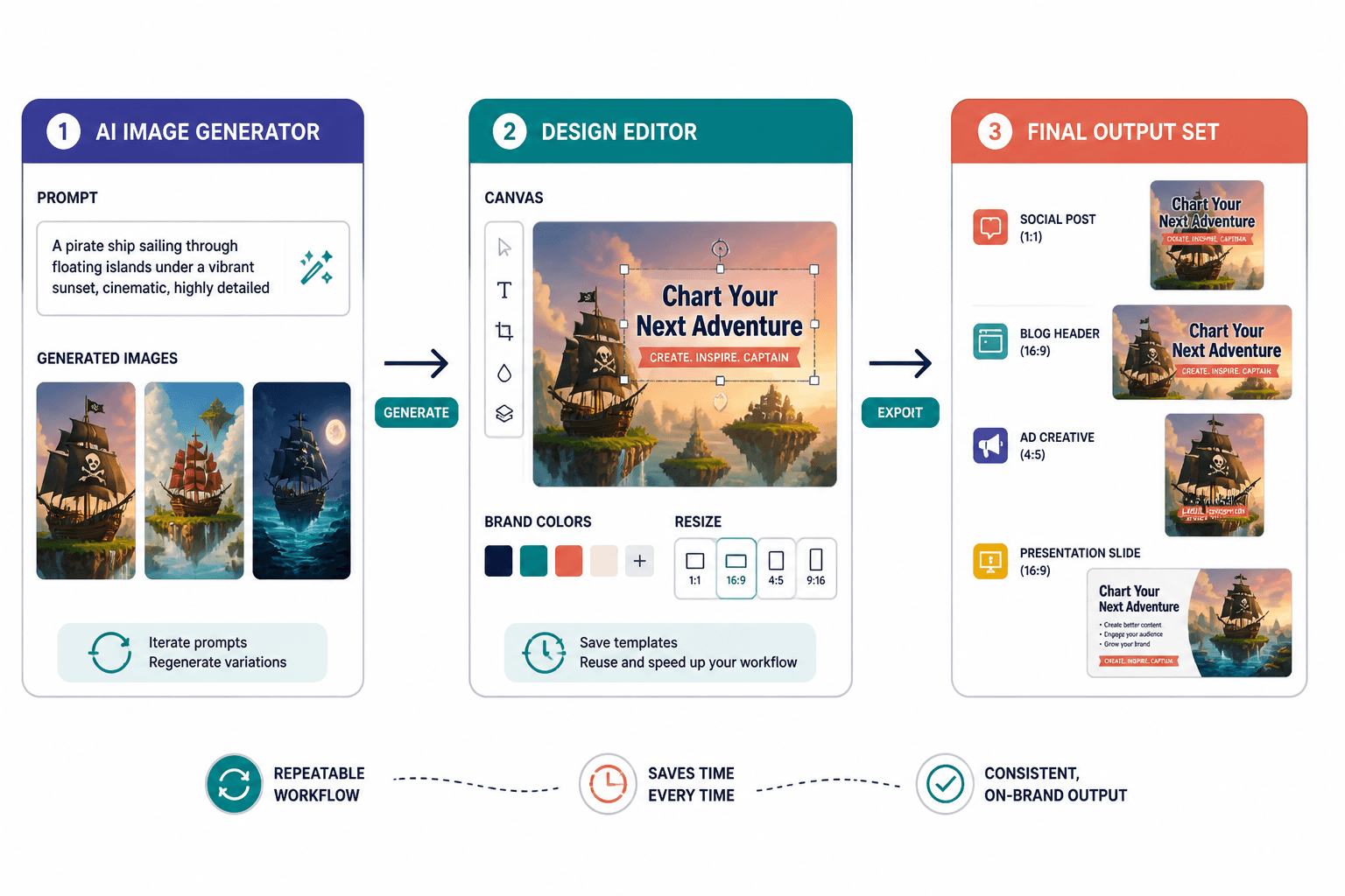 Workflow diagram from AI generator to design editor to final outputs