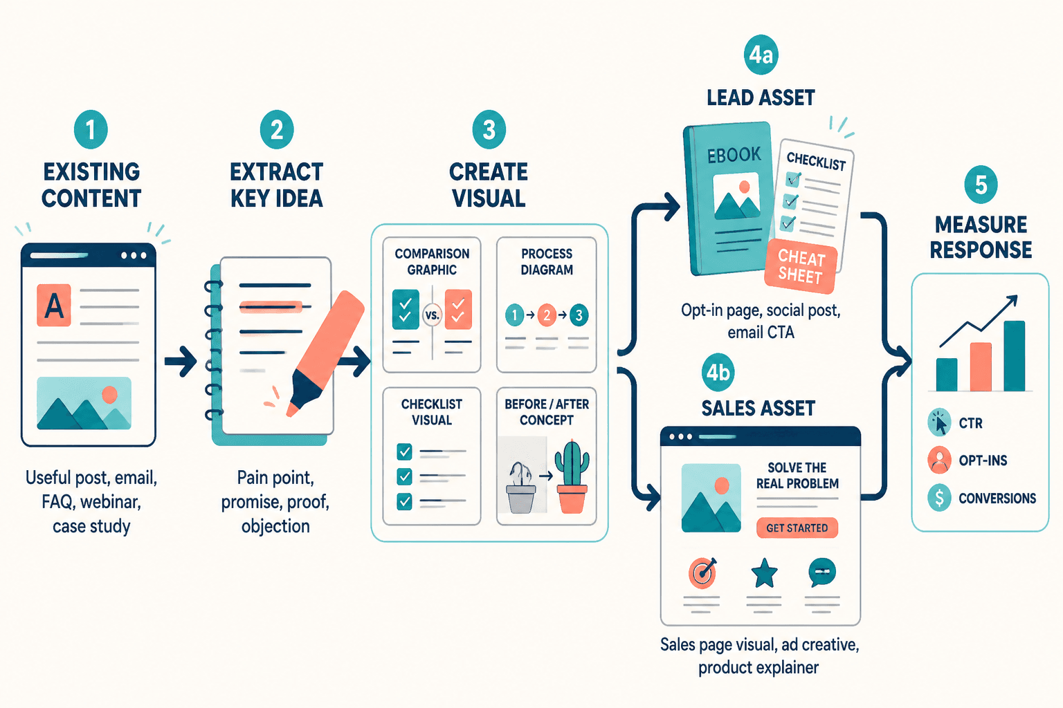 Flowchart showing how one content idea becomes visuals, a lead magnet, and a sales asset.