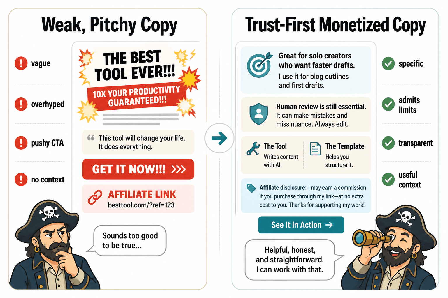 Side-by-side comparison of pushy monetized copy and trust-first monetized copy